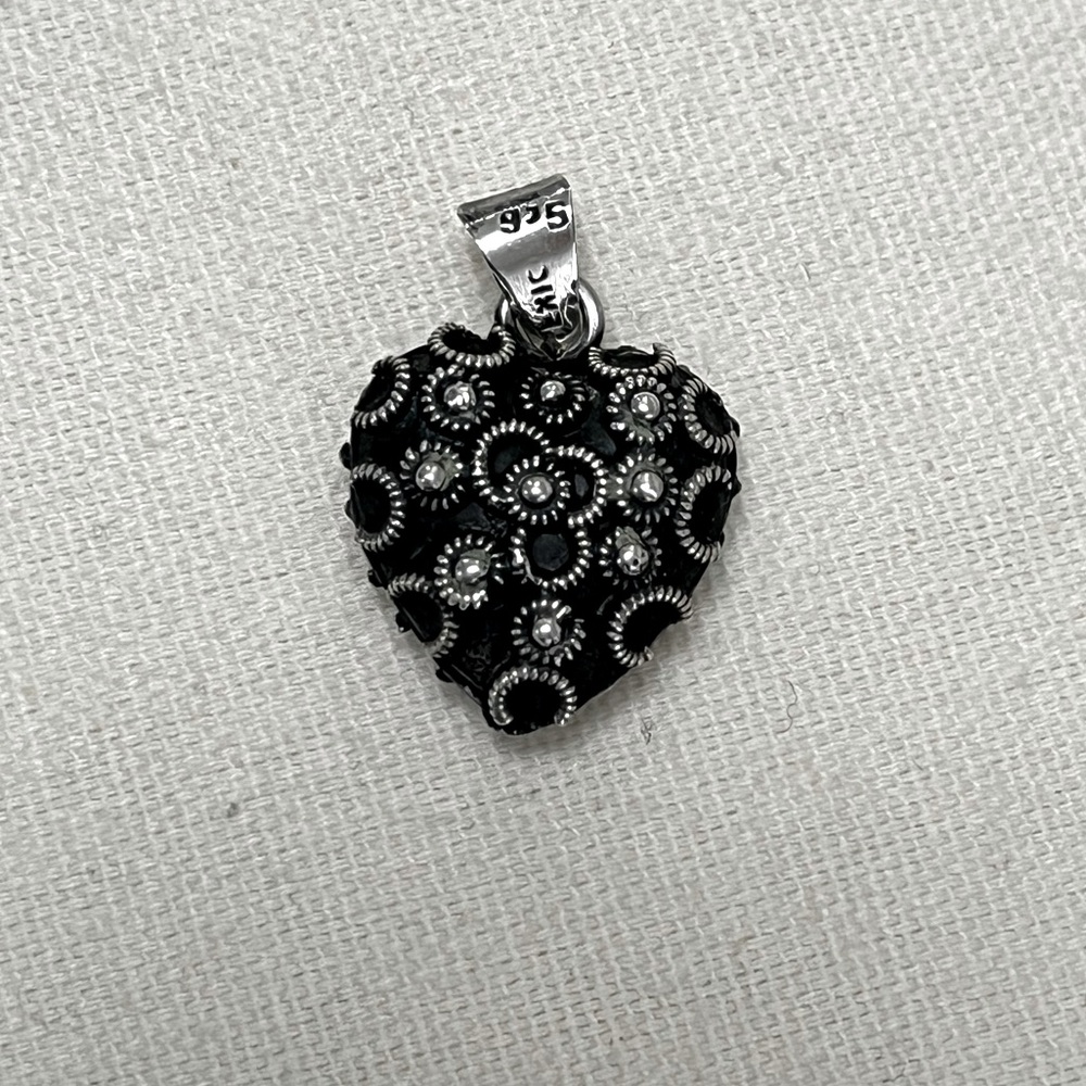 Puffed heart sterling silver blackened bead pendant